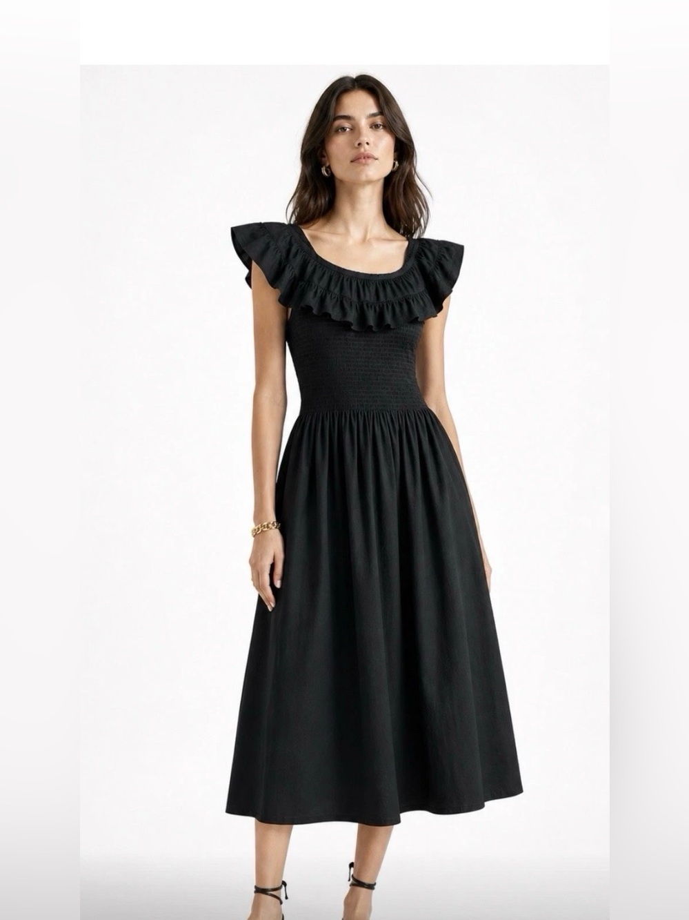 Hill House Black Ruffle-Smock Midi Dress